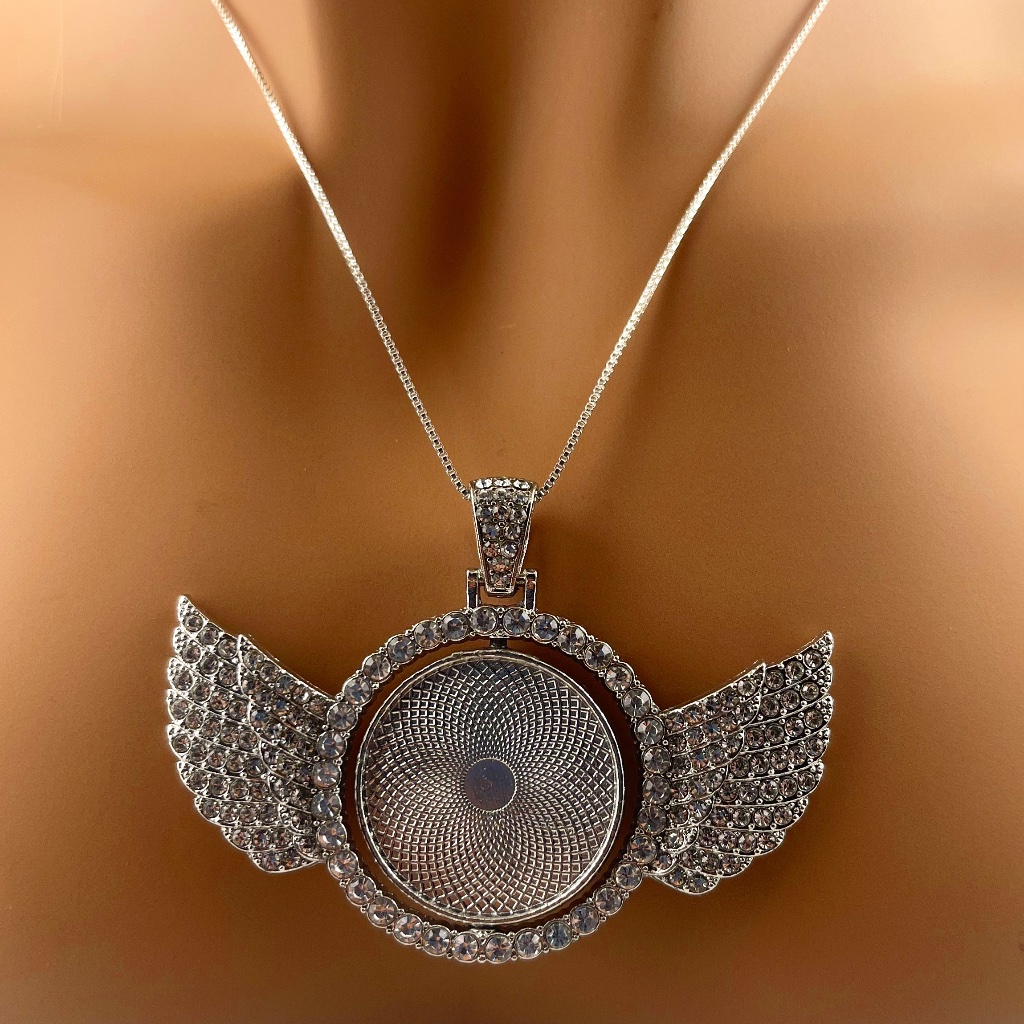 Angel Wing Picture Pendant, Vvs Spinning Two Sided Picture Charm Memory Pendant